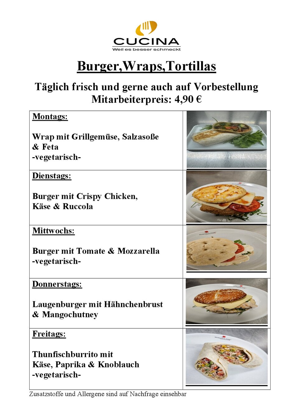 Speisekarte vom Burger Bistro